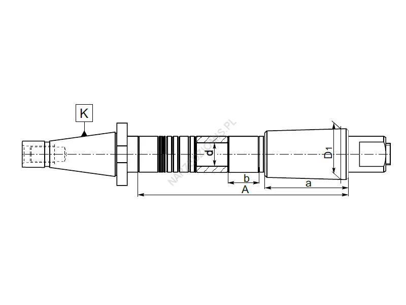 Rysunek techniczny: Trzpień frezarski długi z chw. DIN 2080 (tul. stożkowa): T.7186 ISO40/FI22 250mm - KOLNO